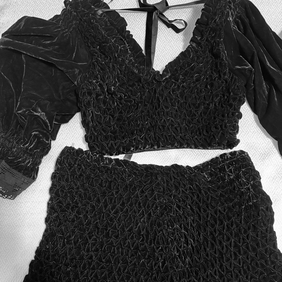 NWT Free People Velvet Black Smocked Mini Skirt Top 2 Piece Set Size M - Picture 3 of 16